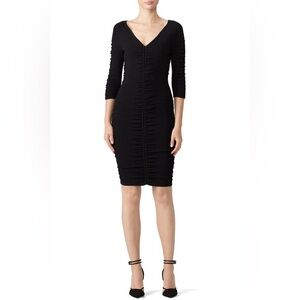 Milly Black Shirred Ribbed V-Neck Bodycon Knee Length Dress S